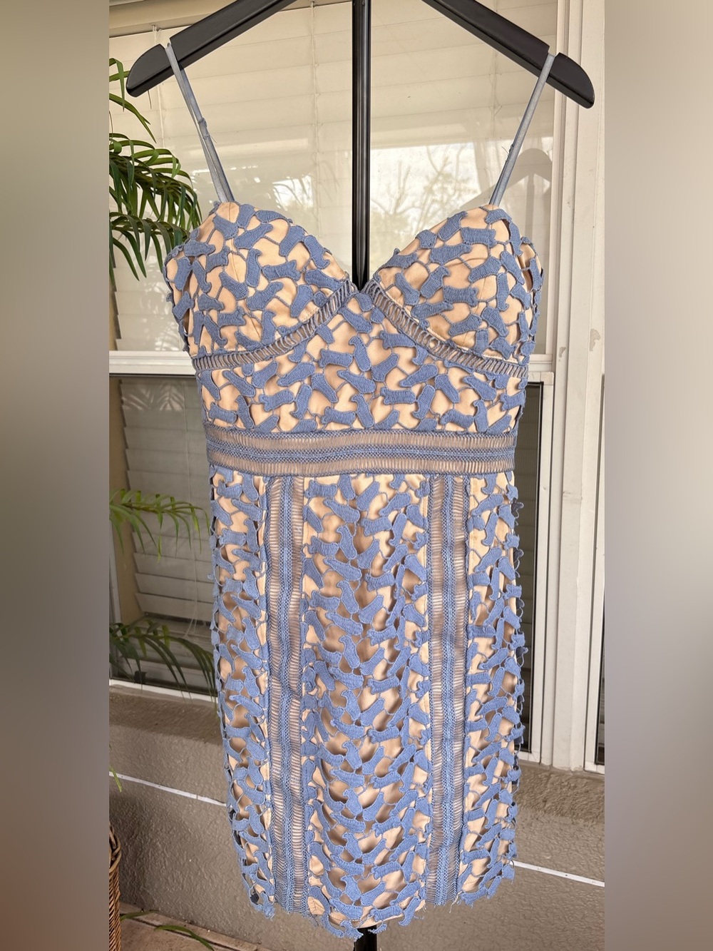 Crystal Doll Blue Appliqué Midi Dress with Nude Underlay